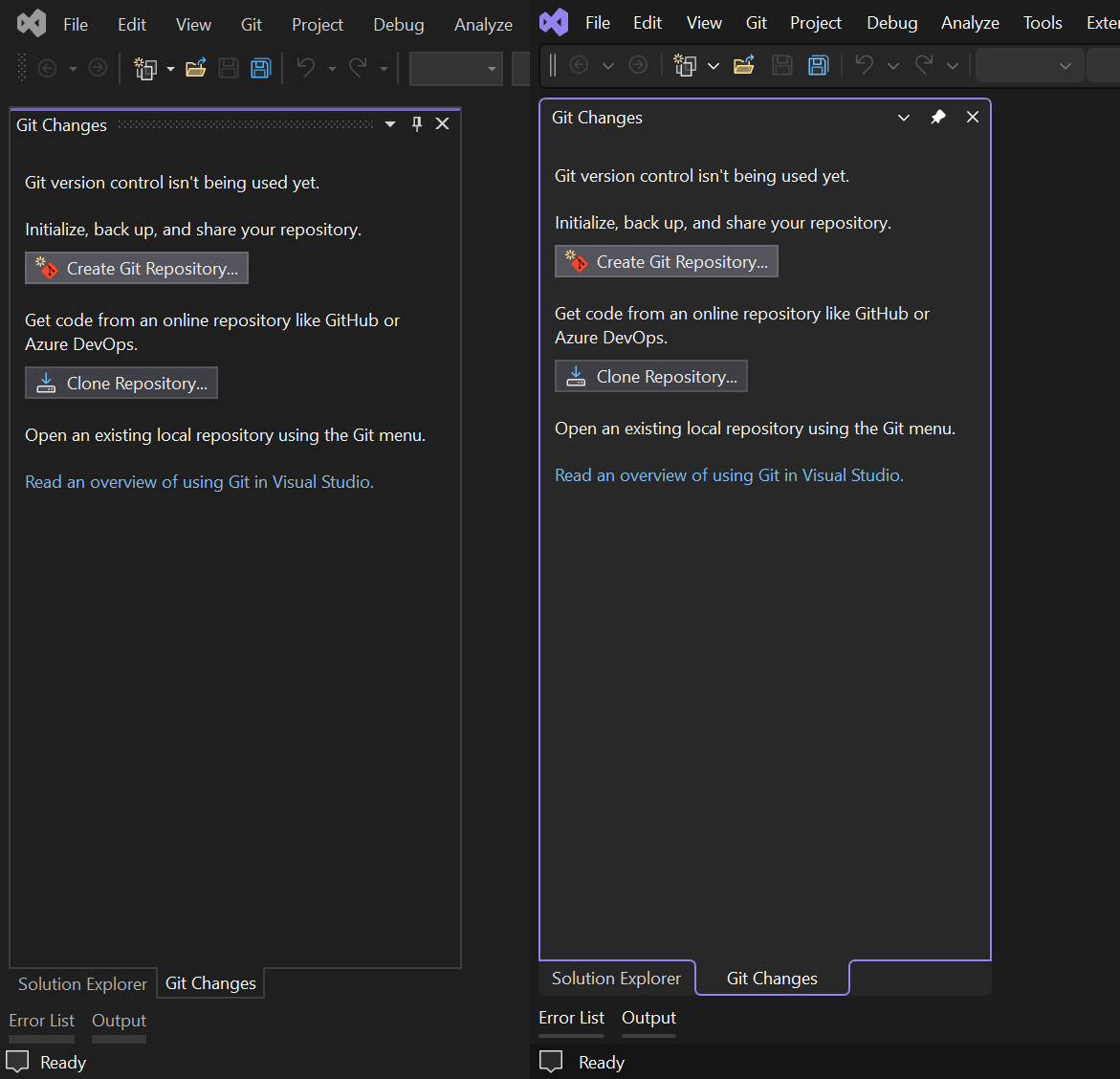 Current and refreshed Visual Studio UI